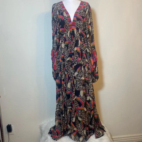 FARM Rio Leopard Toucans Vibrant Long Sleeve Maxi Dress NWT Sz L - Picture 2 of 11